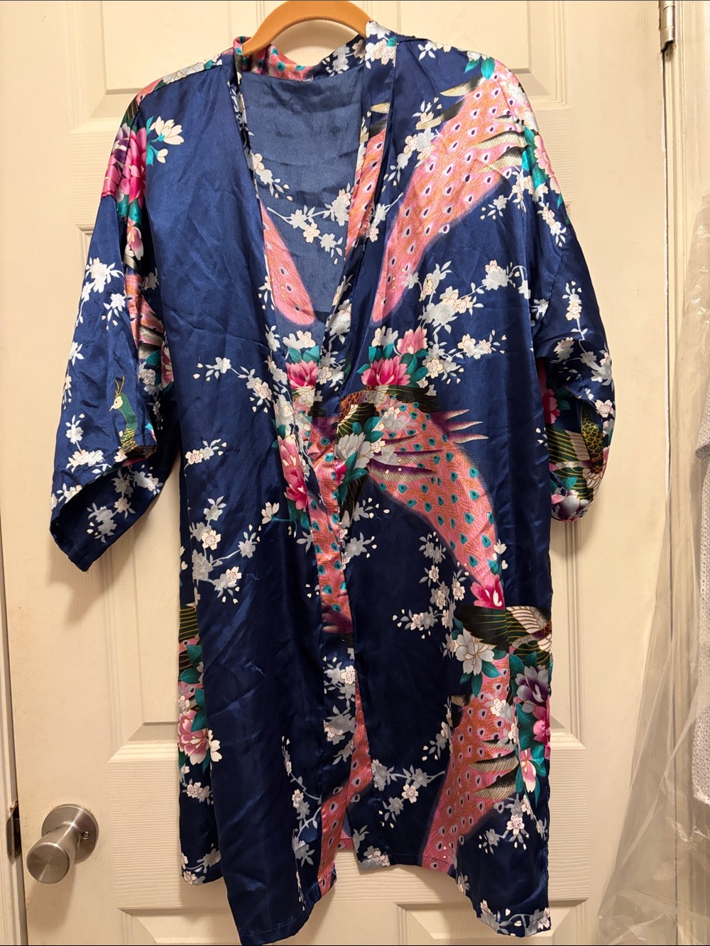 Navy Floral Satin Kimono Robe with Peacock Print